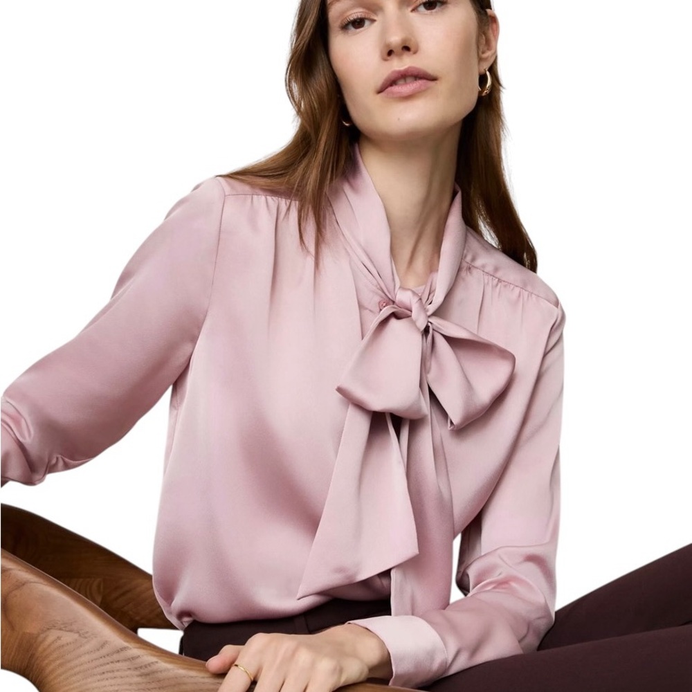 Ann Taylor Dusty Pink Mauve Bow-Tie Satin Blouse Size XS